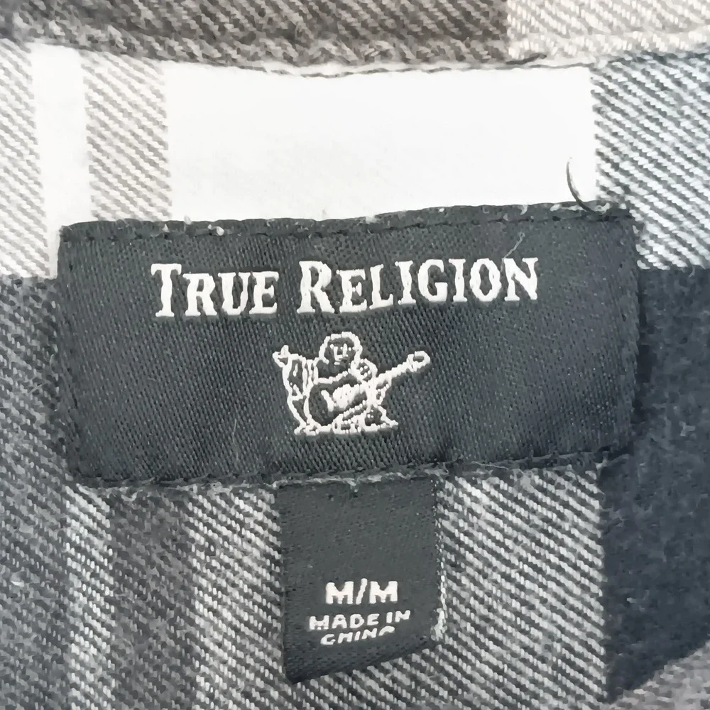 True Religion Shirt Mens Medium Black Gray Plaid Button Up‎ Long Sleeve